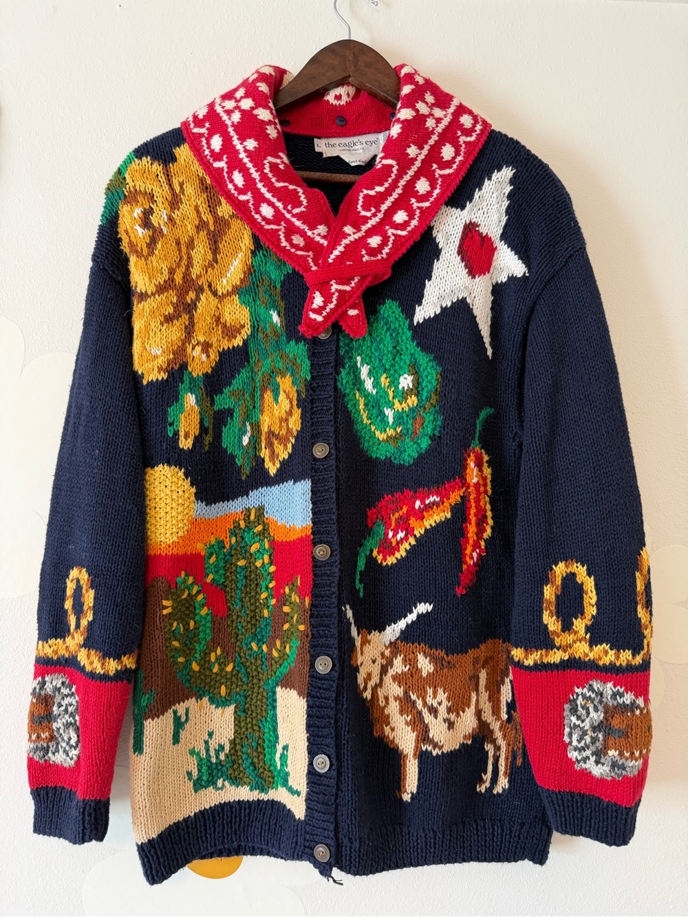 Vintage The Eagle's Eye Texas Western Hand Knit Cardigan with Bandana Ramie